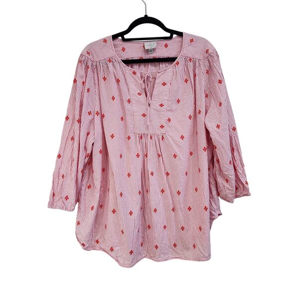 St. John Bay Stripes Embroidered Floral 3/4 Sleeve Blouse Red Pink Size 2X - Picture 1 of 8